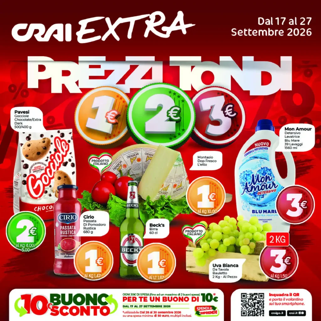 Sfoglia il contenuto: Crai – AMA Extra Sud Prezzi Tondi: offerte dal 17 al 27 settembre 2026