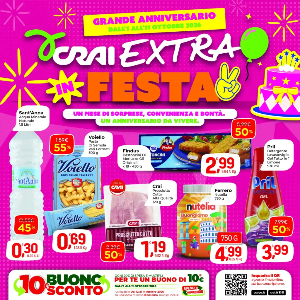 Sfoglia il contenuto: Volantino Crai – Codè Extra DNO Grande Anniversario dall’1 all’11 ottobre 2026 dal 1 ottobre