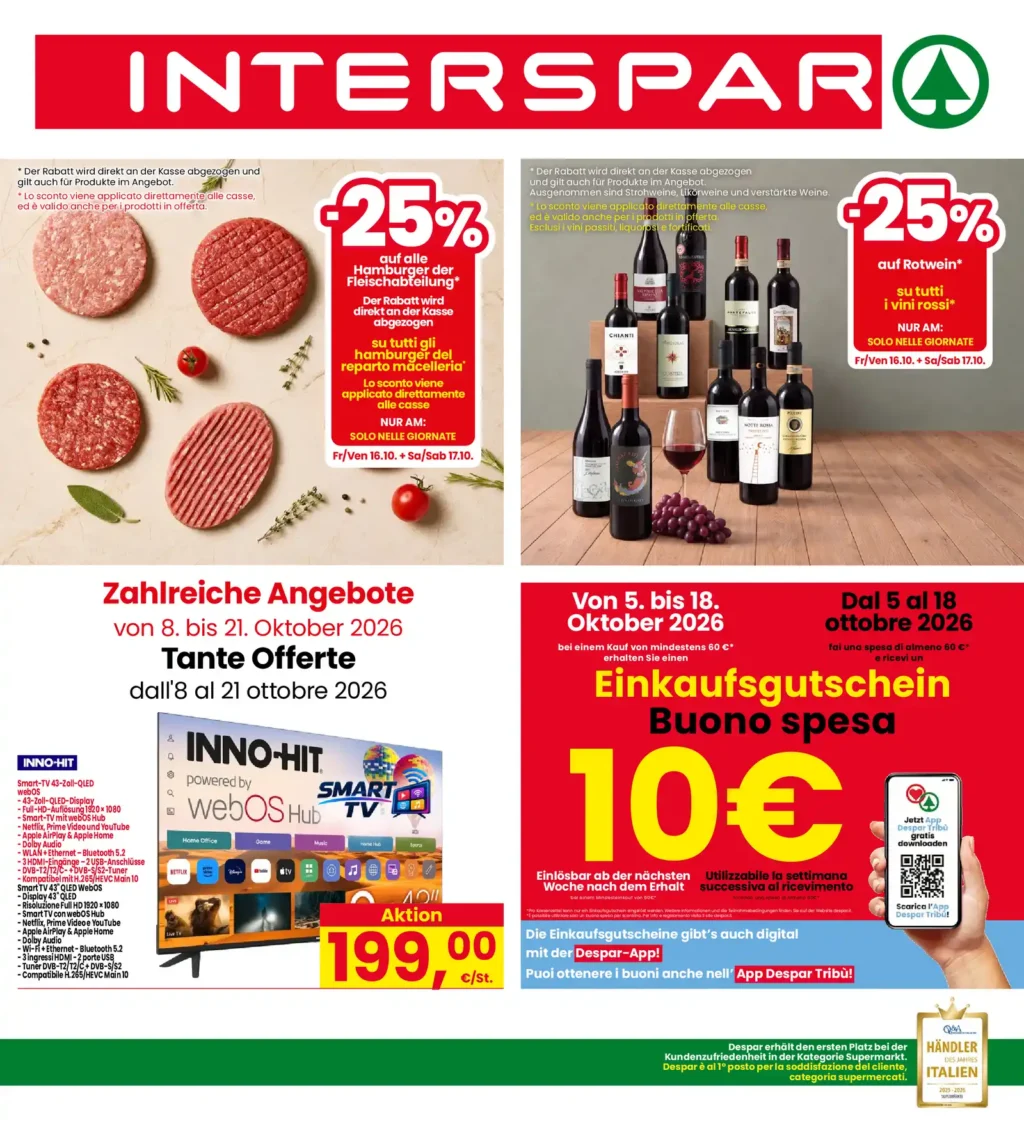 Sfoglia il contenuto: Interspar – Nord – Alto Adige Offerte 8-21 ottobre 2026 dal 8 ottobre