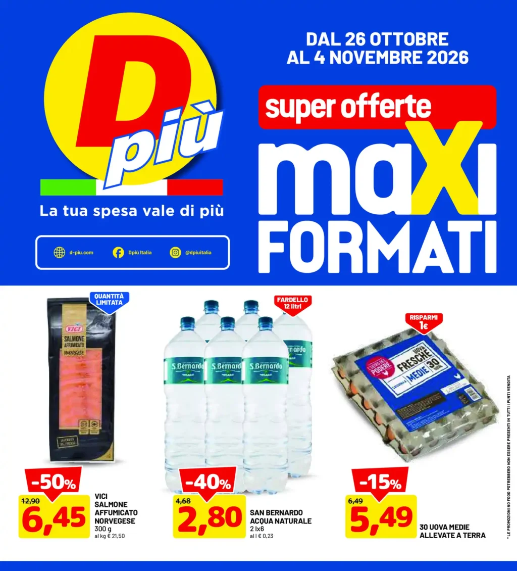 Sfoglia il contenuto: Volantino DPiù – Flyer 1 diretti Maxi Di Maxi Formati: offerte dal 26 ottobre al 4 novembre 2026