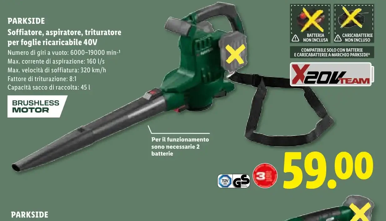 Soffiatore aspiratore trituratore per foglie ricaricabile 40 V