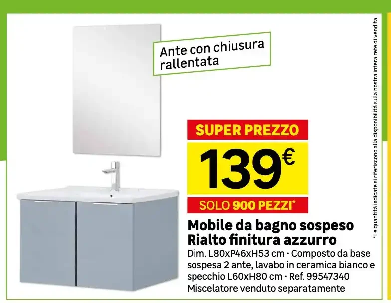 Mobile da bagno sospeso Rialto finitura azzurro