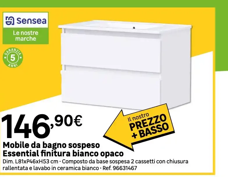 Mobile da bagno sospeso Essential finitura bianco opaco