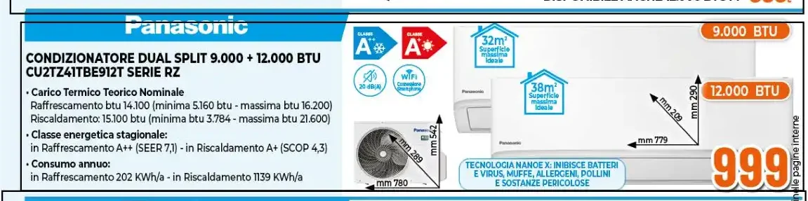 Condizionatore dual split Panasonic 9.000 + 12.000 BTU CU2TZ4TIBE912T serie RZ