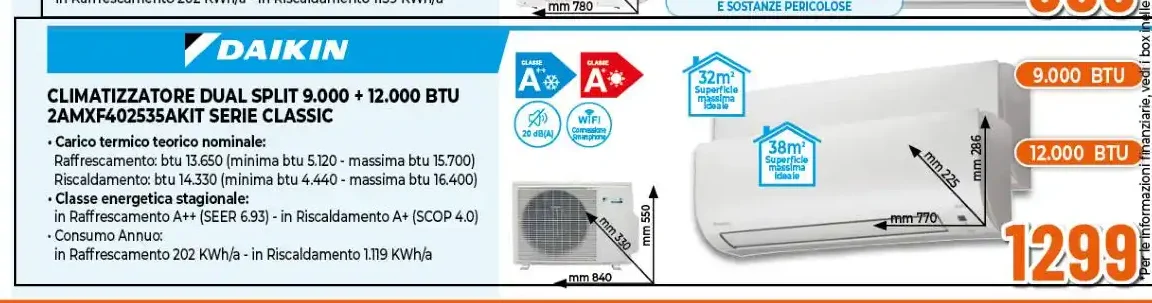 Climatizzatore dual split Daikin 9.000 + 12.000 BTU 2AMXF402535AKIT serie Classic