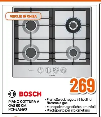 Piano cottura a gas 60 cm Bosch PCH6A5B90