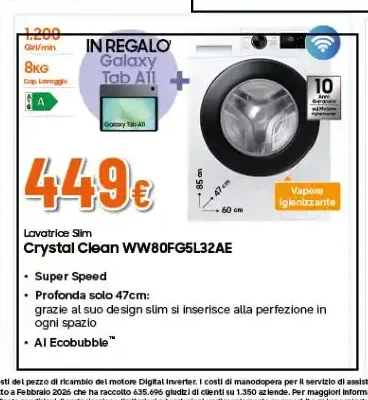 Lavatrice Slim Crystal Clean WW80FG5L32AE