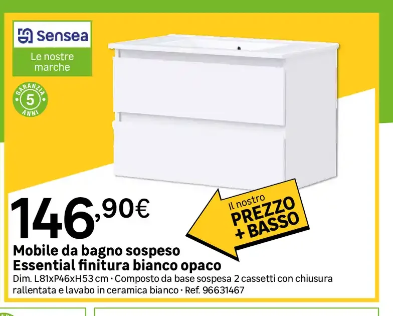 Mobile da bagno sospeso Essential finitura bianco opaco