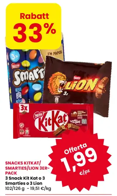 Snack KitKat, Smarties o Lion
