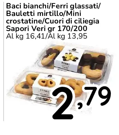 Baci bianchi/Ferri glassati/Bauletti mirtillo/Mini crostatine/Cuori di ciliegia Sapori Veri gr 170/200