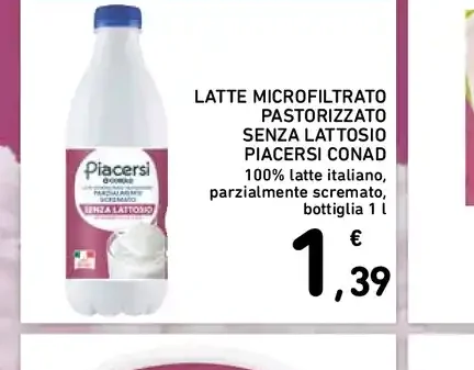 Latte microfiltrato pastorizzato senza lattosio Piacersi Conad