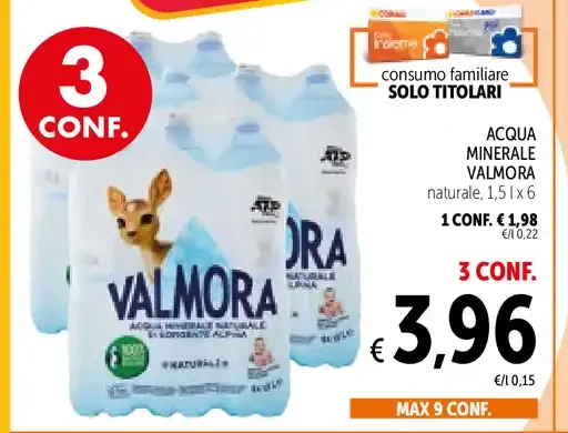 Acqua minerale Valmora naturale, 1,5 l x 6