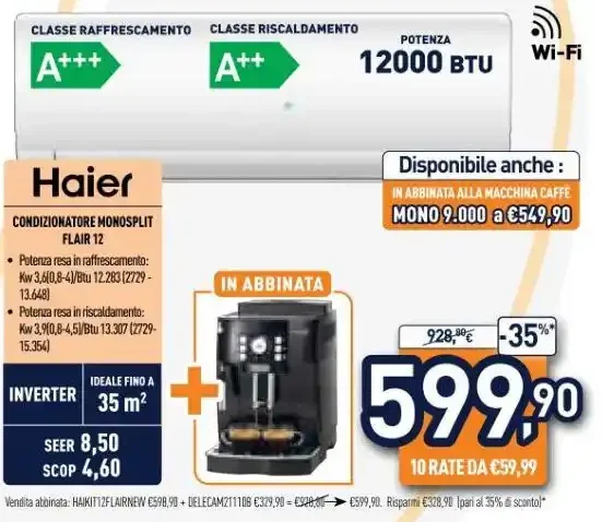 Climatizzatore monosplit Haier Flair 12 12000 BTU + macchina caffè automatica