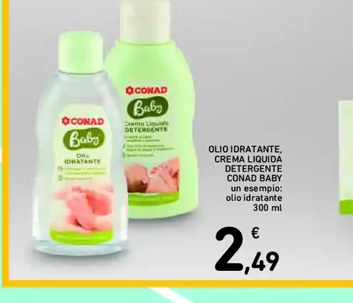 Olio idratante, crema liquida detergente Conad Baby