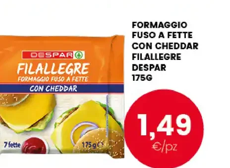 Formaggio fuso a fette con cheddar Filallegre Despar