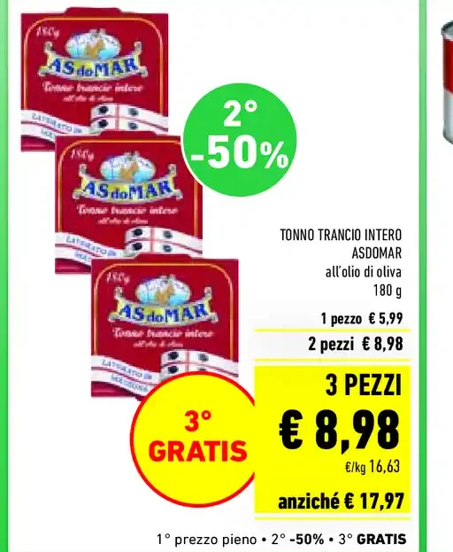 Tonno trancio intero Asdomar all'olio di oliva 180 g