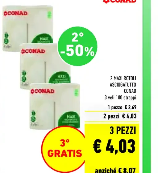 2 maxi rotoli asciugatutto Conad 3 veli 100 strappi