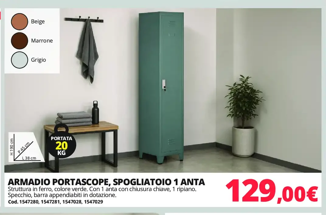Armadio Portascope Spogliatoio 1 Anta