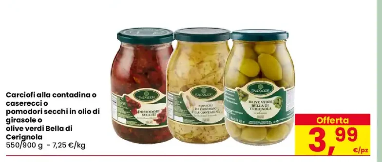 Carciofi alla contadina o pomodori secchi in olio di girasole o olive verdi Bella di Cerignola