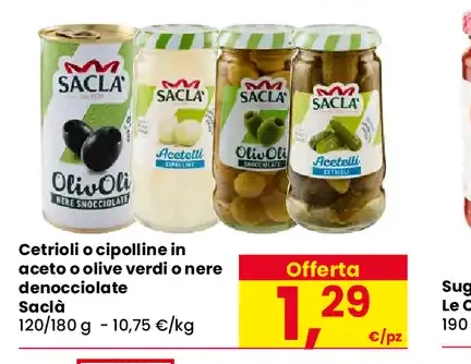 Cetrioli o cipolline in aceto o olive verdi o nere denocciolate Saclà