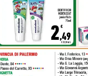 Dentifricio Mentadent Junior Kids 75 ml