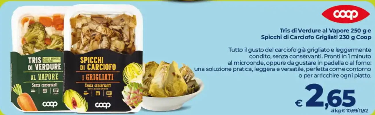 Tris di verdure al vapore e spicchi di carciofi grigliati Coop
