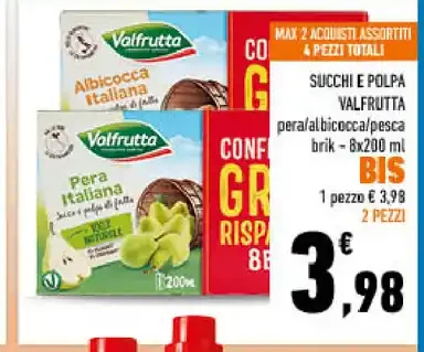 Succhi e polpa Valfrutta, pera/albicocca/pesca, 6x200 ml