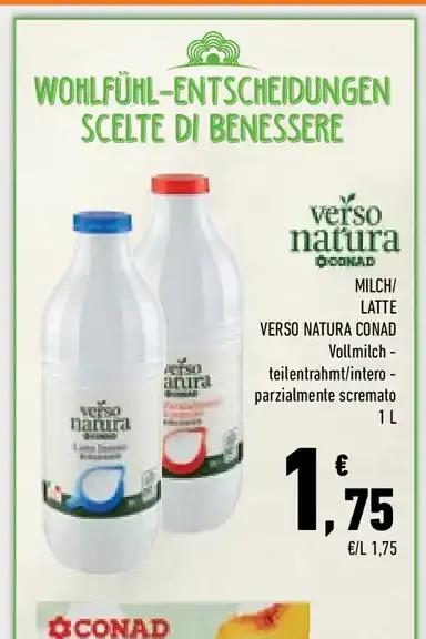 Latte intero o parzialmente scremato Verso Natura Conad