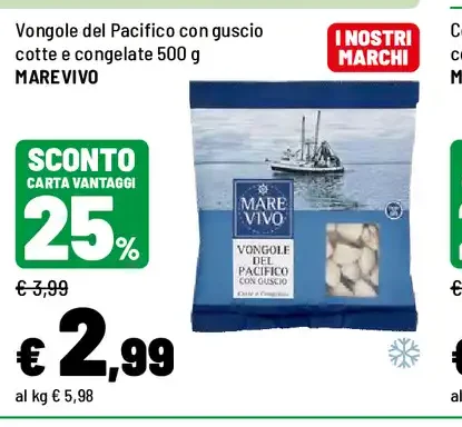 Vongole del Pacifico con guscio cotte e congelate
