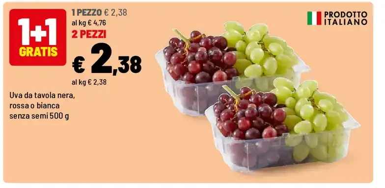 Uva da tavola nera, rossa o bianca senza semi 500 g