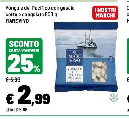 Vongole del Pacifico con guscio cotte e congelate