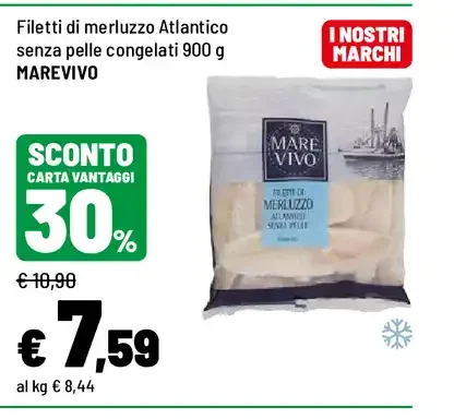Filetti di merluzzo Atlantico senza pelle congelati