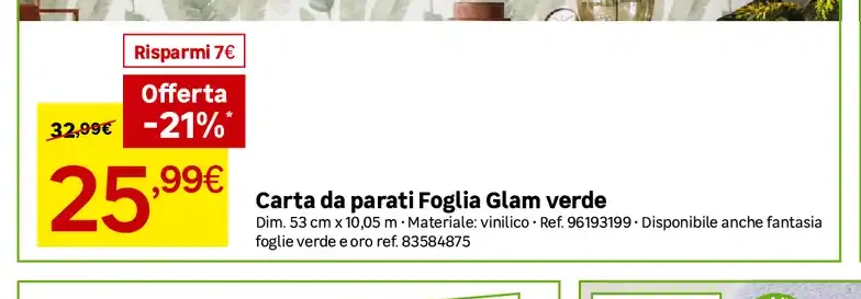 Carta da parati Foglia Glam Verde