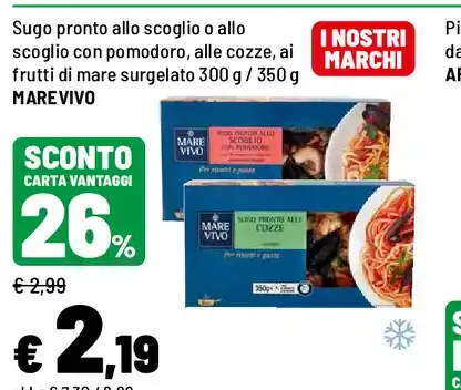 Sugo pronto allo scoglio o allo scoglio con pomodoro, alle cozze, ai frutti di mare surgelato