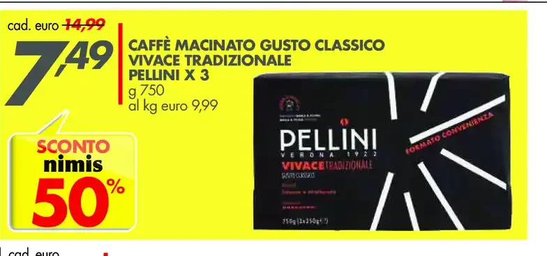 Caffè macinato gusto classico Vivace tradizionale Pellini x3