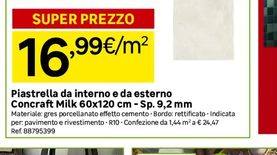 Piastrella da interno e da esterno Concraft Milk 60x120 cm - Sp. 9,2 mm