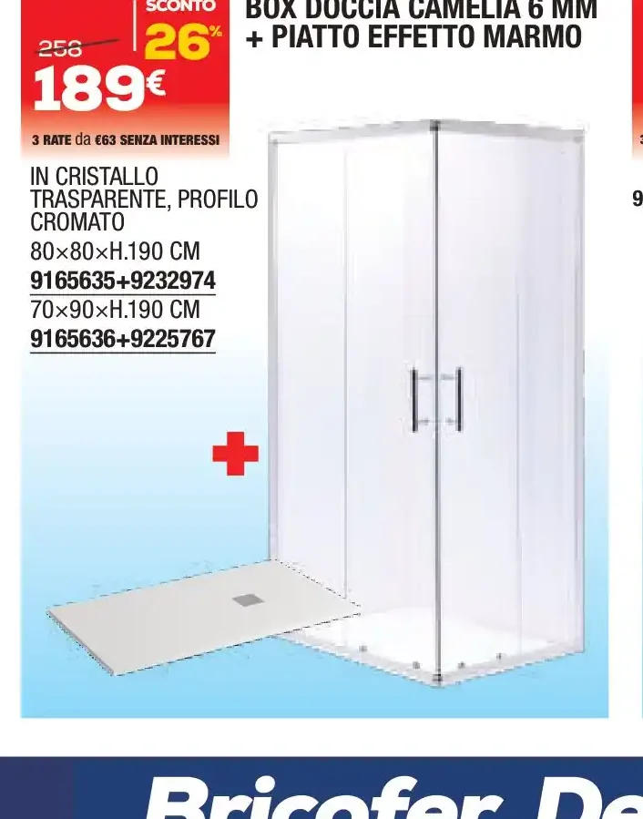 Box Doccia Camelia 6 mm + Piatto Effetto Marmo