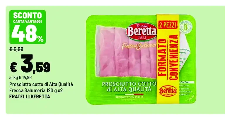 Prosciutto cotto di Alta Qualità Fresca Salumeria 120 g x2 Fratelli Beretta