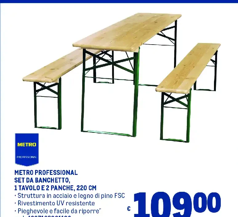 Set da banchetto 1 tavolo e 2 panche, 220 cm