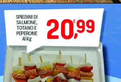 Spiedini di salmone, totano e peperone