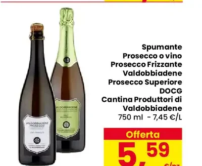 Spumante Prosecco o vino Prosecco frizzante Valdobbiadene DOCG