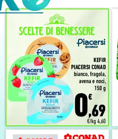 Kefir Piacersi Conad bianco, fragola, avena e noci