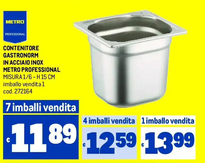 Contenitore gastronorm in acciaio inox Metro Professional, misura 1/6 - H 15 cm