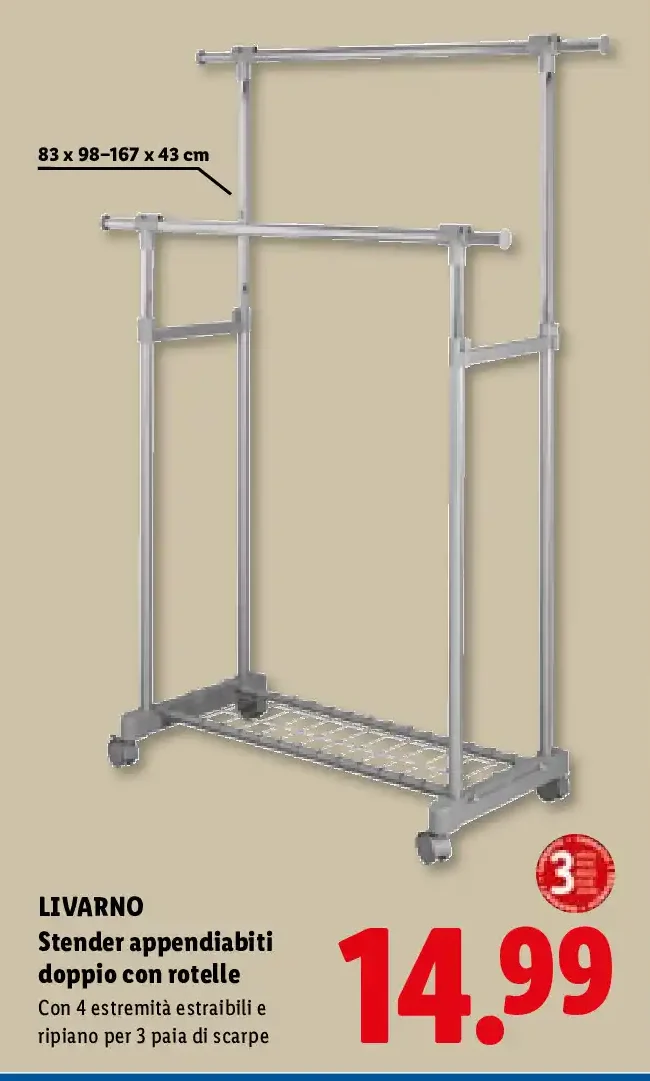 Stender appendiabiti doppio con rotelle