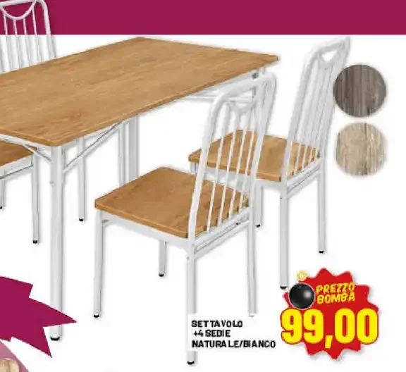 Set tavolo + 4 sedie naturale/bianco