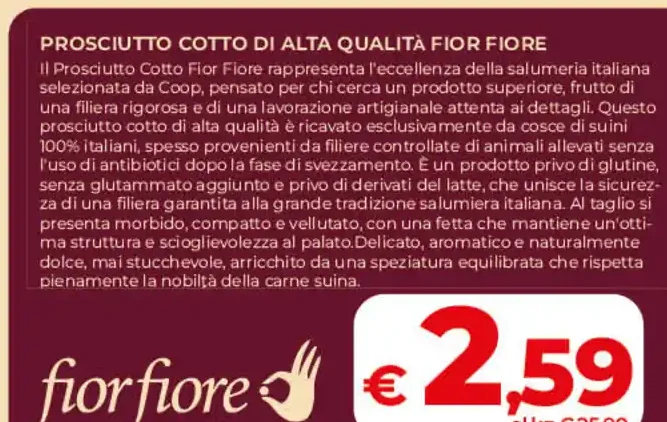 Prosciutto cotto Fior Fiore alta qualità