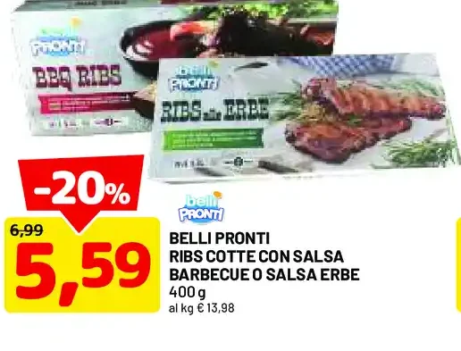 Belli Pronti ribs cotte con salsa barbecue o salsa erbe