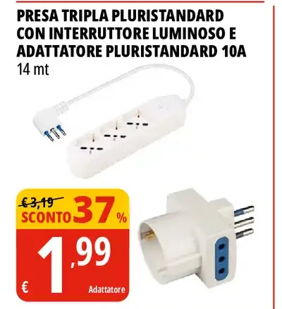 Presa tripla multipstandard con interruttore luminoso e adattatore